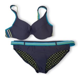 💠VINTAGE 90s Baltex Bikini Sporty Striped Underwire Top Belted Bottoms 14 16